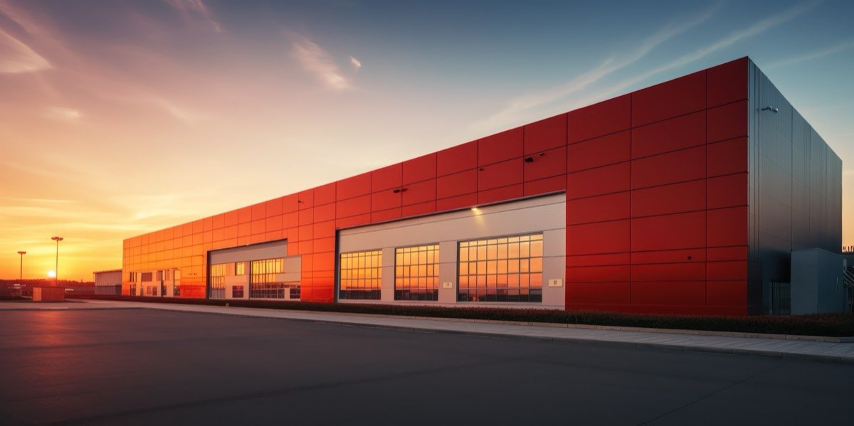 A warehouse at sunset
